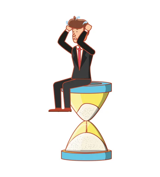 Бізнесмен, сидячи в годиннику часу — стоковий вектор