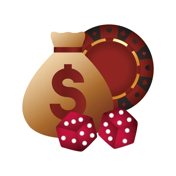 赌场扑克钱袋骰子和筹码 — 图库矢量图片