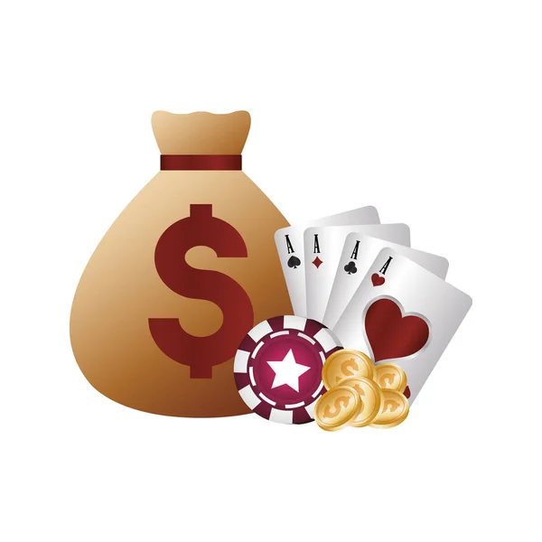Cassino pôquer dinheiro saco ternos cartões fichas moedas — Vetor de Stock