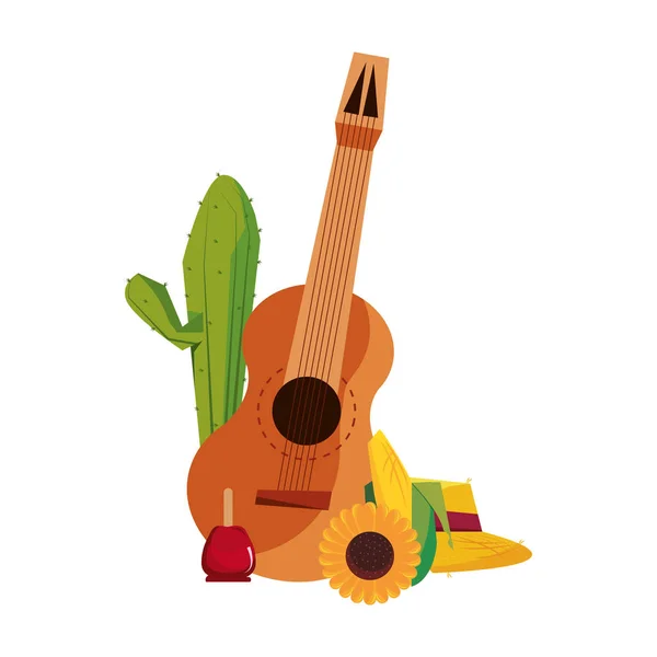 Guitarra cactus caramelo manzana sombrero y flor — Vector de stock