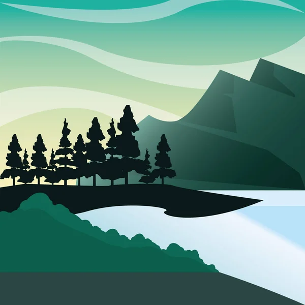 Montañas bosque pinar lago paisaje natural — Vector de stock