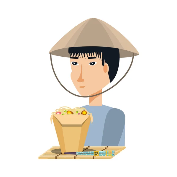 Hombre chino campesino con spaguetti comida — Vector de stock