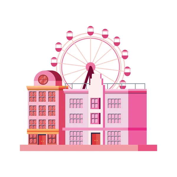 Edifício da cidade com roda de ferris de carnaval — Vetor de Stock