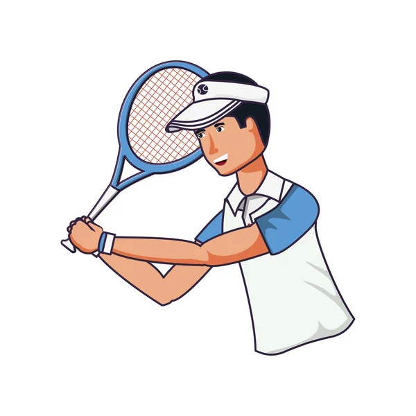 Homem tênis jogando com raquete e boné esporte — Vetor de Stock