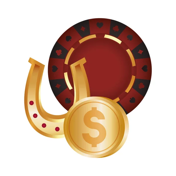 Casino poker roulette gold horseshoe and coin — Stock Vector