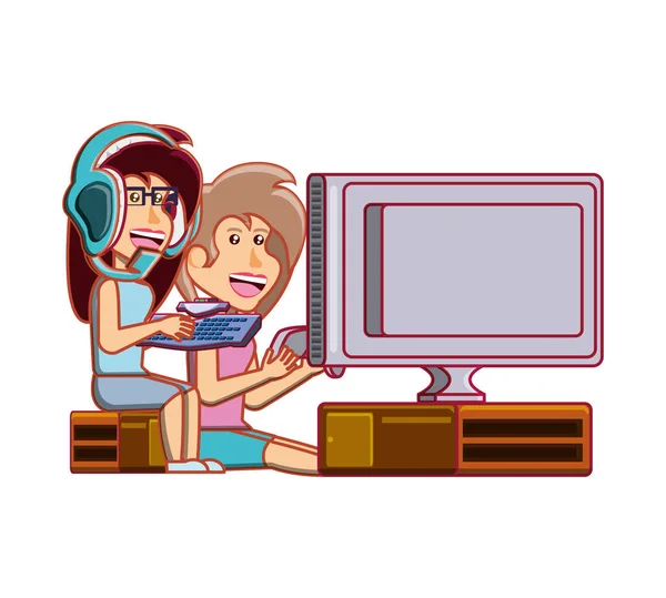 Video oyunu avatar karakter oynarken kızlar — Stok Vektör