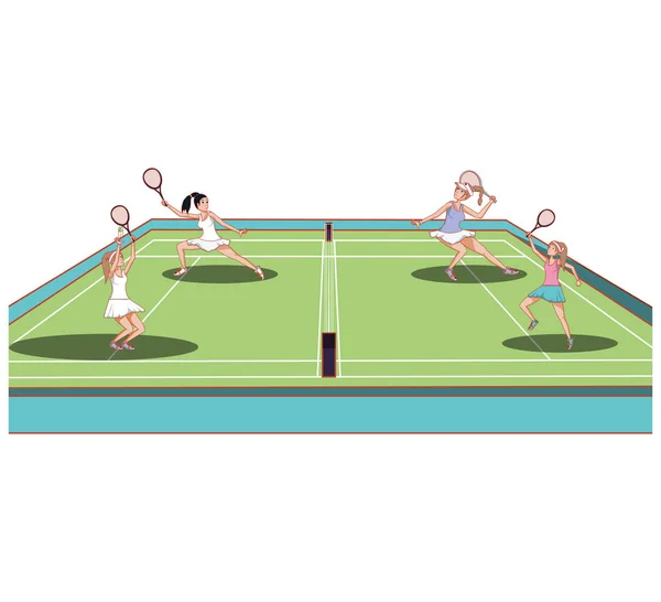 Mujeres jugando al tenis en el icono de la cancha deportiva — Vector de stock