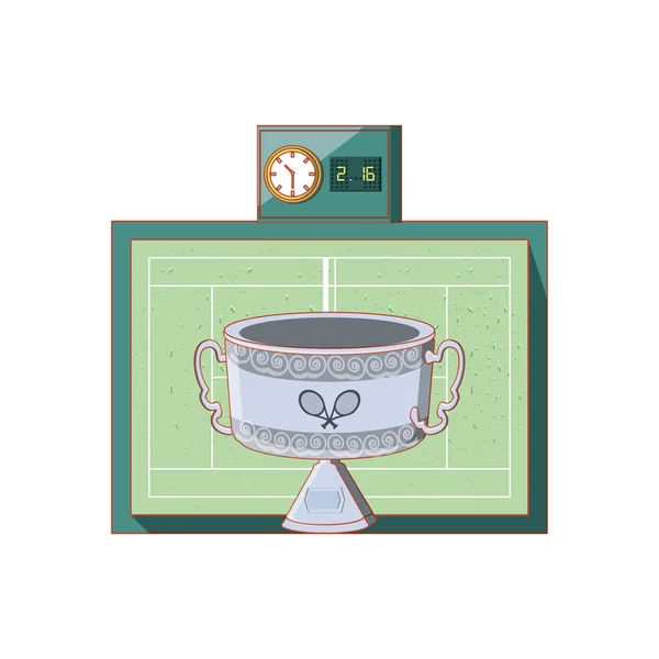 Pista de tenis con trofeo de copa y marcador — Vector de stock