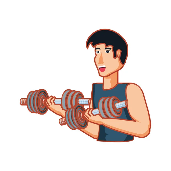 Joven atlético hombre con mancuernas deporte — Vector de stock