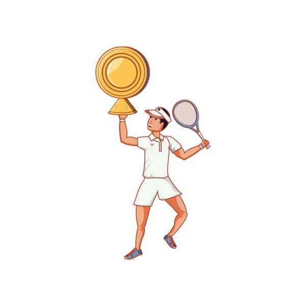 Uomo tennis giocare con coppa trofeo — Vettoriale Stock