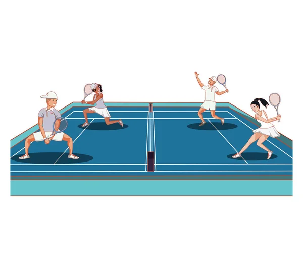 Grupo de personas que juegan al tenis en el icono de la cancha deportiva — Vector de stock