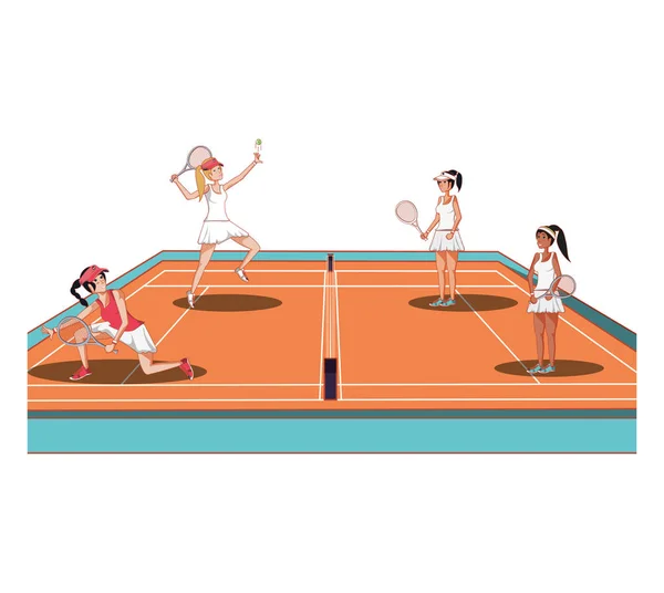 Женщины играют в теннис на иконе спортивного корта — стоковый вектор