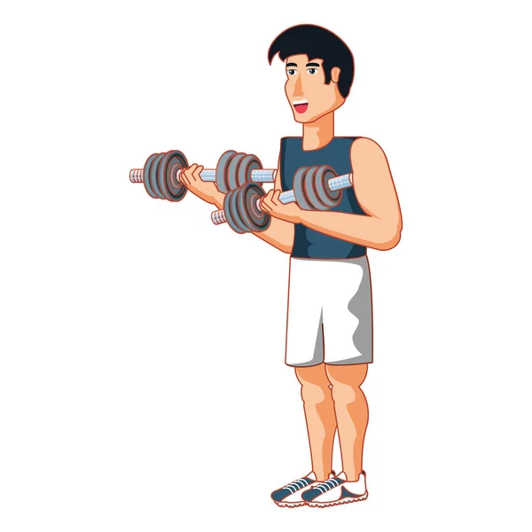 Joven atlético hombre con mancuernas deporte — Vector de stock