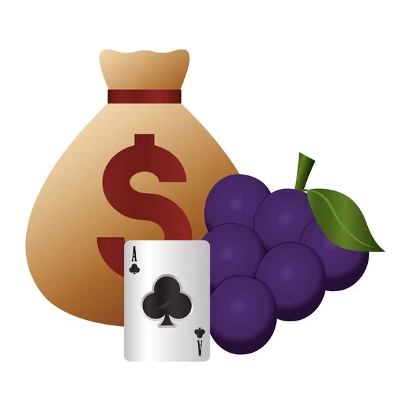 Casino poker money bag card ace clover grapes — Stock Vector
