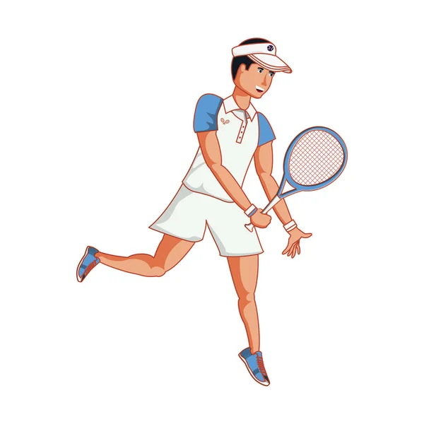 Homem tênis jogando com raquete e boné esporte — Vetor de Stock