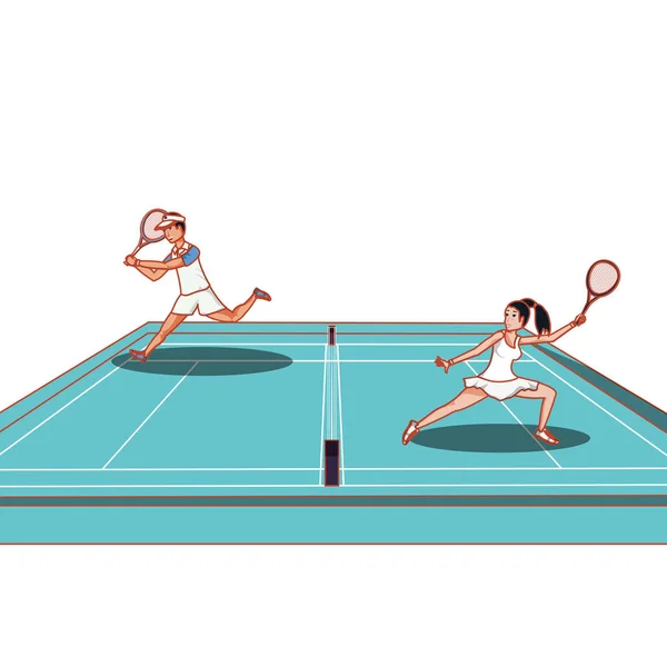 Couple practicing tennis in court — Stock Vector