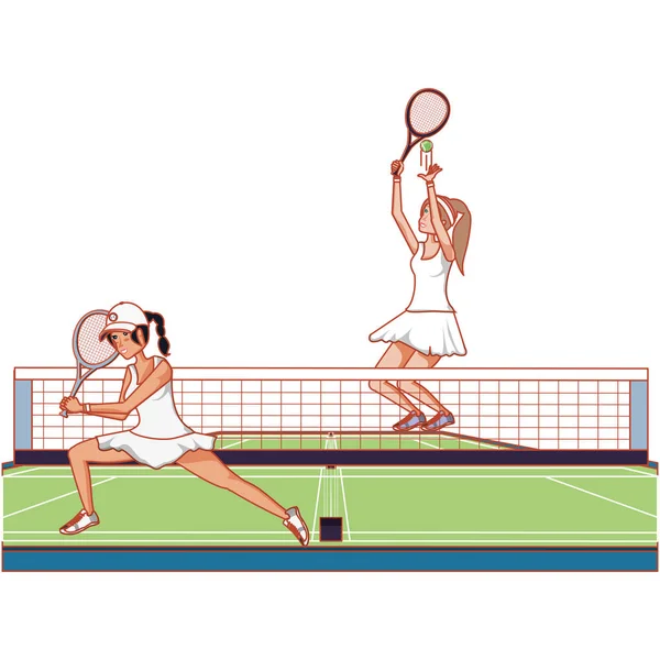 Woman practicing tennis in court — Stock Vector