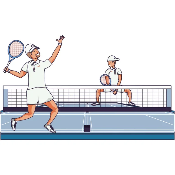 Hombres jugando tenis en pista de deporte — Vector de stock