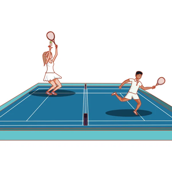 Couple pratiquant le tennis au tribunal — Image vectorielle