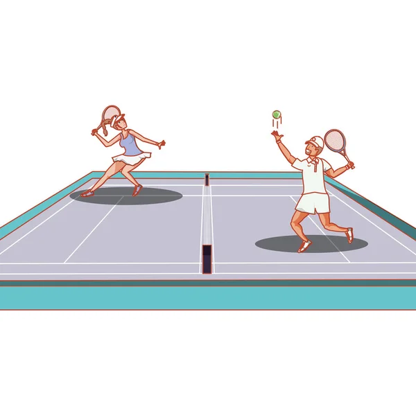 Couple practicing tennis in court — Stock Vector