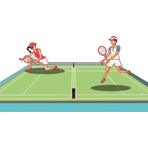 Pareja practicando tenis en pista — Vector de stock