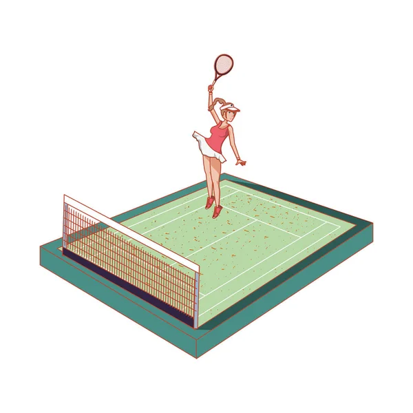 Mujer practicando tenis en la corte — Vector de stock