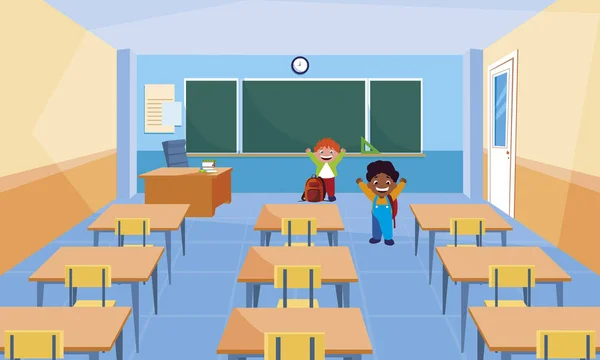 Feliz poco interracial chicos en el aula — Vector de stock