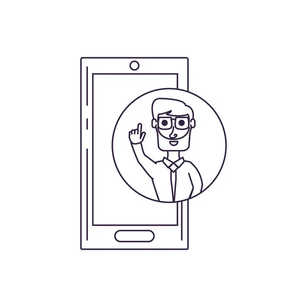 Zakenman met hand up in frame circulaire en smartphone — Stockvector