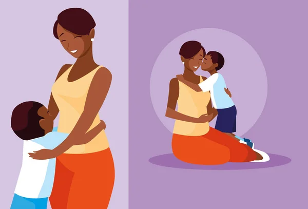 Sevimli anneler grup siyah ve çocuklar — Stok Vektör