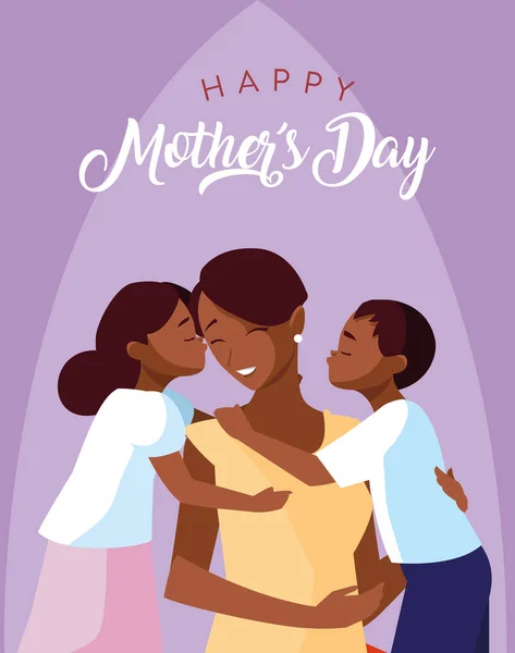 Счастливая открытка на день матери с мамой черный и детей — стоковый вектор