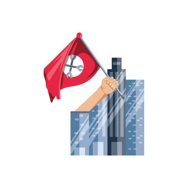 Mano con bandera de llaves y paisaje urbano — Vector de stock