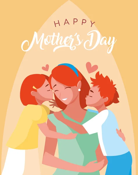 Tarjeta feliz día de la madre con la mamá y los niños — Vector de stock