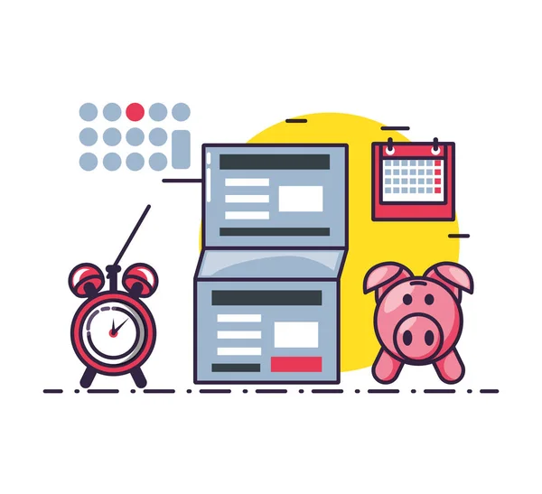 Piggy Saving met document en set iconen — Stockvector