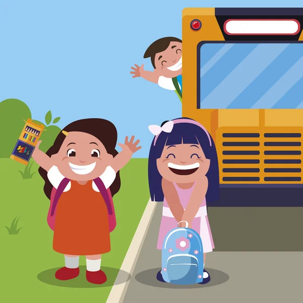 Šťastné děti malé školy v zastávce — Stockový vektor