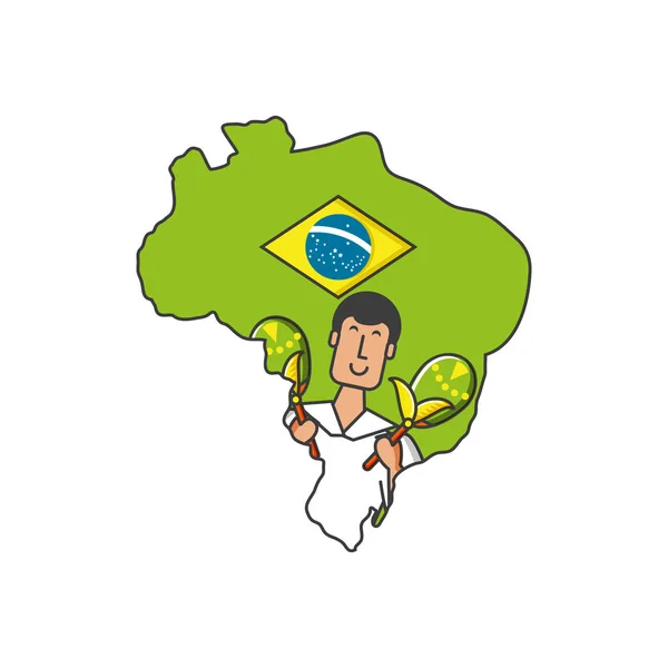 Homem brasileiro dançarino com maracas e mapa do brasil —  Vetores de Stock