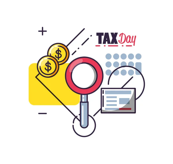 Tax day with magnifying glass and set icons — Stock Vector