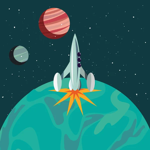 Cohete lanzador con planetas — Vector de stock