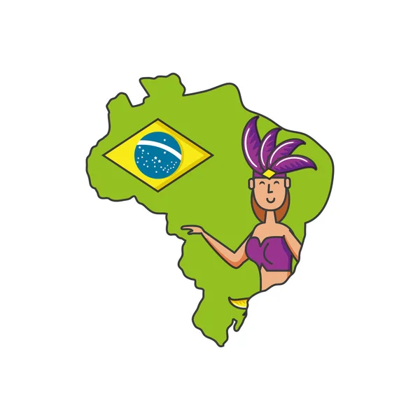 Nő brazil táncos Térkép Brazília — Stock Vector