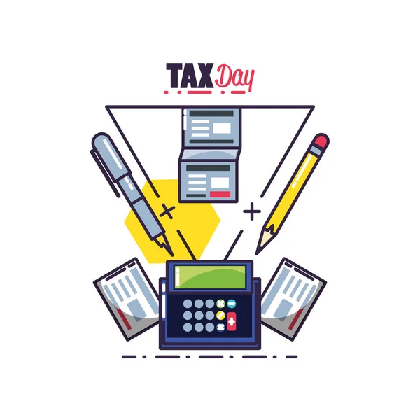 Tax day with calculator and set icons — Stock Vector