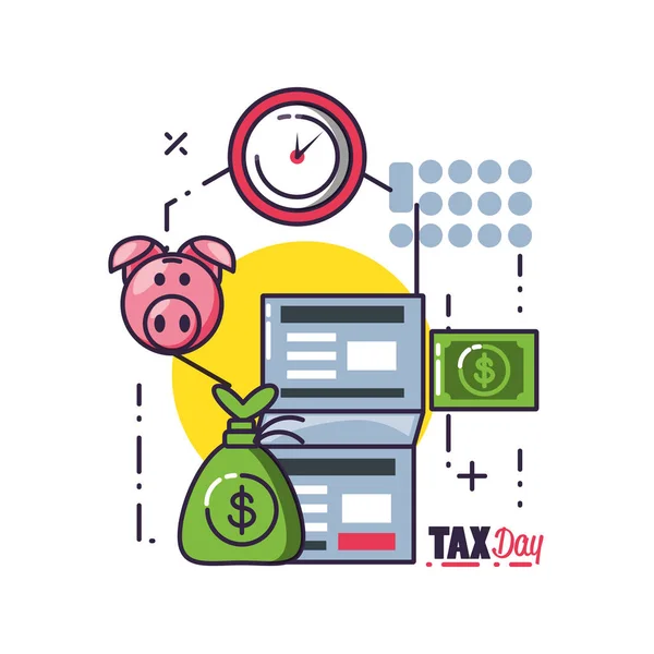 Tax day with document and set icons — Stock Vector