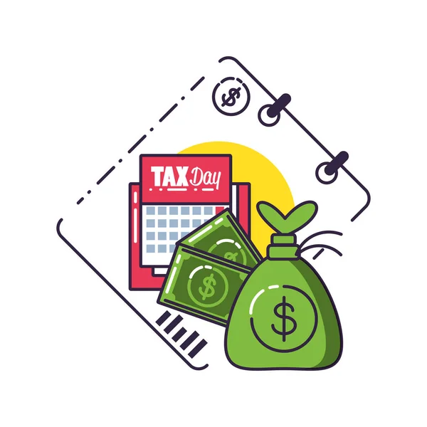 Taxeringsdag med penga påse och set-ikoner — Stock vektor