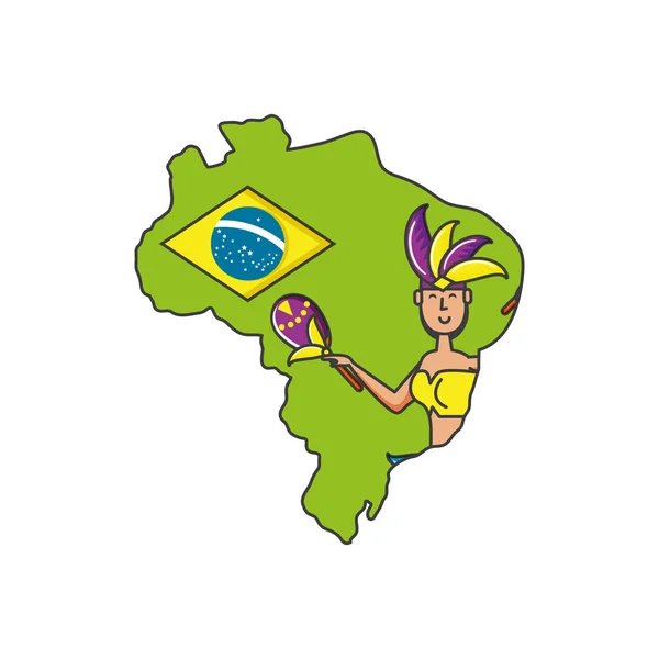 Бразильская танцовщица с картой Бразилии — стоковый вектор
