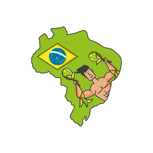 Brazilská tanečnice muž s maracas a mapa Brazílie — Stockový vektor
