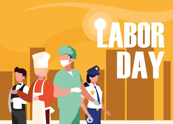 Labour day with group professionals and cityscape — Stock Vector