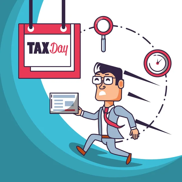 Tax day with businessman and set icons — Stock Vector