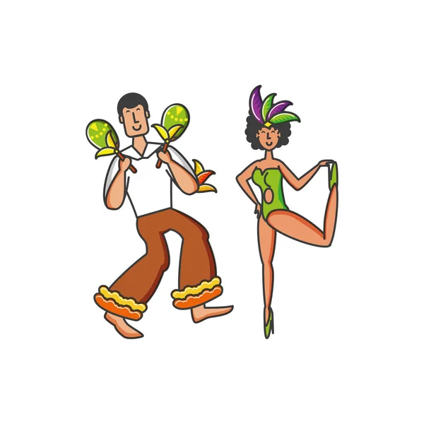 Couple danse brésilienne avec maracas — Image vectorielle