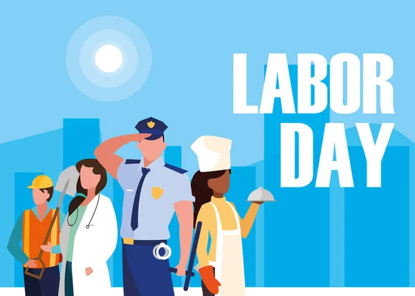 Labour day with group professionals and cityscape — Stock Vector