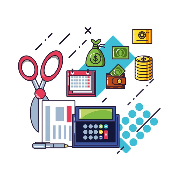 Calculadora financeira com ícones de documento e definir —  Vetores de Stock