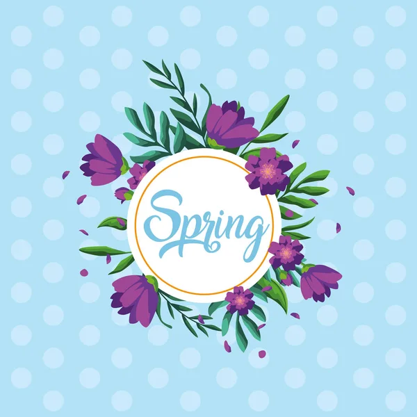 Hello spring card with beautiful flowers in frame circular — Stock Vector