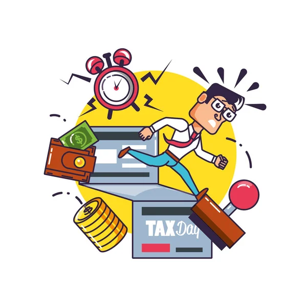 Tax day with businessman and set icons — Stock Vector